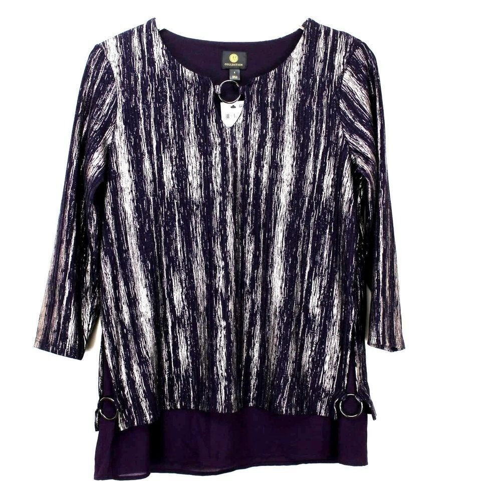 JM Collection Top Purple Metallic Pewter Keyhole Chiffon Layer O-Ring Party S